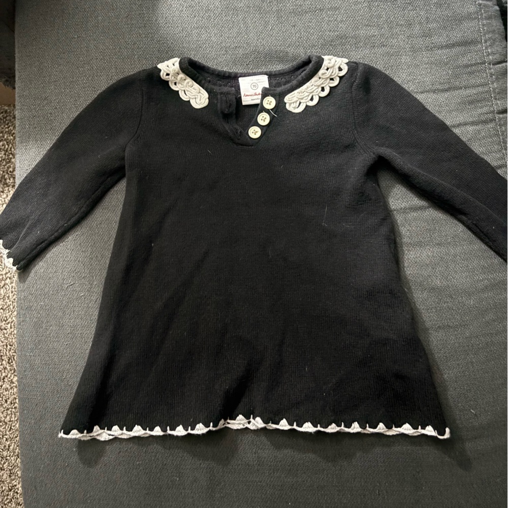 Hanna Andersson Black Sweater with Cream Lace Trim 70cm (6-12 months)